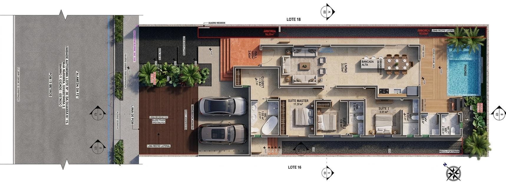 P014 - Projeto Casa Térrea Minimalista 3 Quartos – 173m² | Lote 10x30